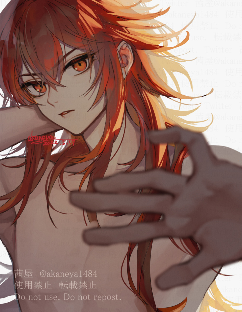 1boy arm_behind_head arm_up artist_name blurry blurry_foreground collarbone commentary_request crossed_bangs dated diluc_(genshin_impact) eyelashes genshin_impact hair_between_eyes hair_down hand_up highres long_hair looking_at_viewer male_focus ojo_aa parted_lips red_eyes red_hair sidelocks signature simple_background solo topless_male twitter_username upper_body watermark white_background