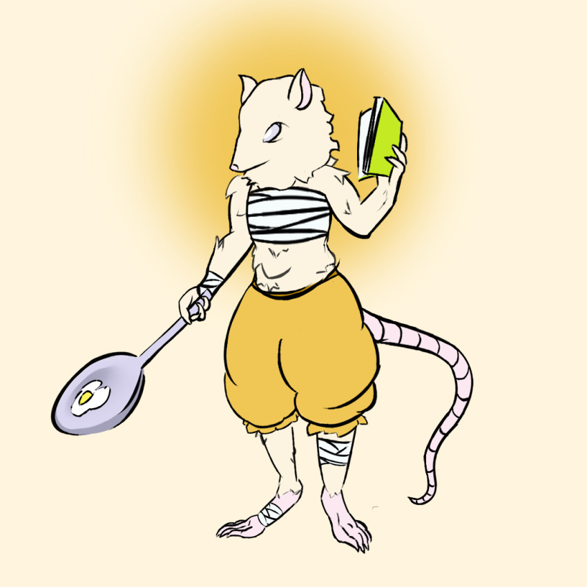 anthro aureolin_(sigmand) bandage clothing cooking digital_drawing_(artwork) digital_media_(artwork) druid female fluffy fur magic_user mammal midriff multitasking murid murine rat reading rodent sigmand solo tail tribal_spellcaster