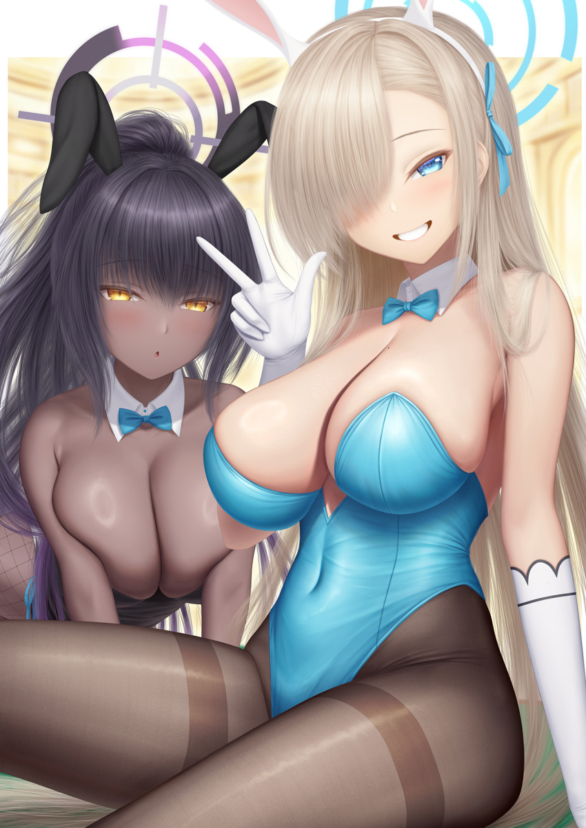 2girls animal_ears asuna_(blue_archive) asuna_(bunny)_(blue_archive) bare_shoulders black_hair black_leotard blue_archive blue_eyes blue_leotard blue_ribbon blush breasts brown_pantyhose cleavage dark-skinned_female dark_skin detached_collar elbow_gloves fake_animal_ears fishnet_pantyhose fishnets gloves grin hair_over_one_eye hair_ribbon halo highleg highleg_leotard highres karin_(blue_archive) karin_(bunny)_(blue_archive) large_breasts leotard light_brown_hair long_hair looking_at_viewer masatoki multiple_girls pantyhose playboy_bunny ponytail rabbit_ears ribbon sidelocks sitting smile thighs very_long_hair white_gloves yellow_eyes