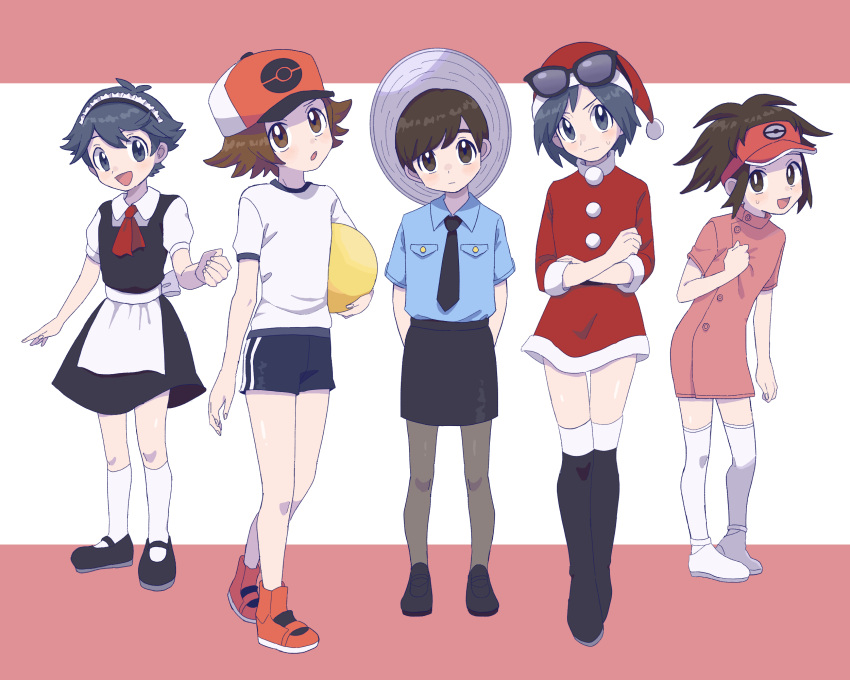 5boys :d :o apron arms_behind_back ball baseball_cap black-framed_eyewear black_dress black_footwear black_hair black_necktie black_skirt blue_shirt blush boots brown_eyes brown_hair calem_(pokemon) closed_mouth collared_shirt commentary_request crossdressing crossed_arms dress elio_(pokemon) eyewear_on_headwear florian_(pokemon) full_body fur-trimmed_dress fur_trim glasses grey_eyes gym_shirt gym_shorts gym_uniform hand_on_own_chest hat highres hilbert_(pokemon) holding holding_ball kneehighs long_sleeves looking_at_viewer maid maid_headdress male_focus multiple_boys nate_(pokemon) necktie open_mouth otoko_no_ko over-kneehighs pantyhose pencil_skirt poke_ball_print pokemon pokemon_bw pokemon_bw2 pokemon_sv pokemon_usum pokemon_xy red_footwear red_hat sana_(37pisana) santa_dress santa_hat shirt shoes short_hair short_sleeves shorts skirt smile socks sunglasses sweatdrop thighhighs visor_cap white_apron white_footwear white_shirt white_socks