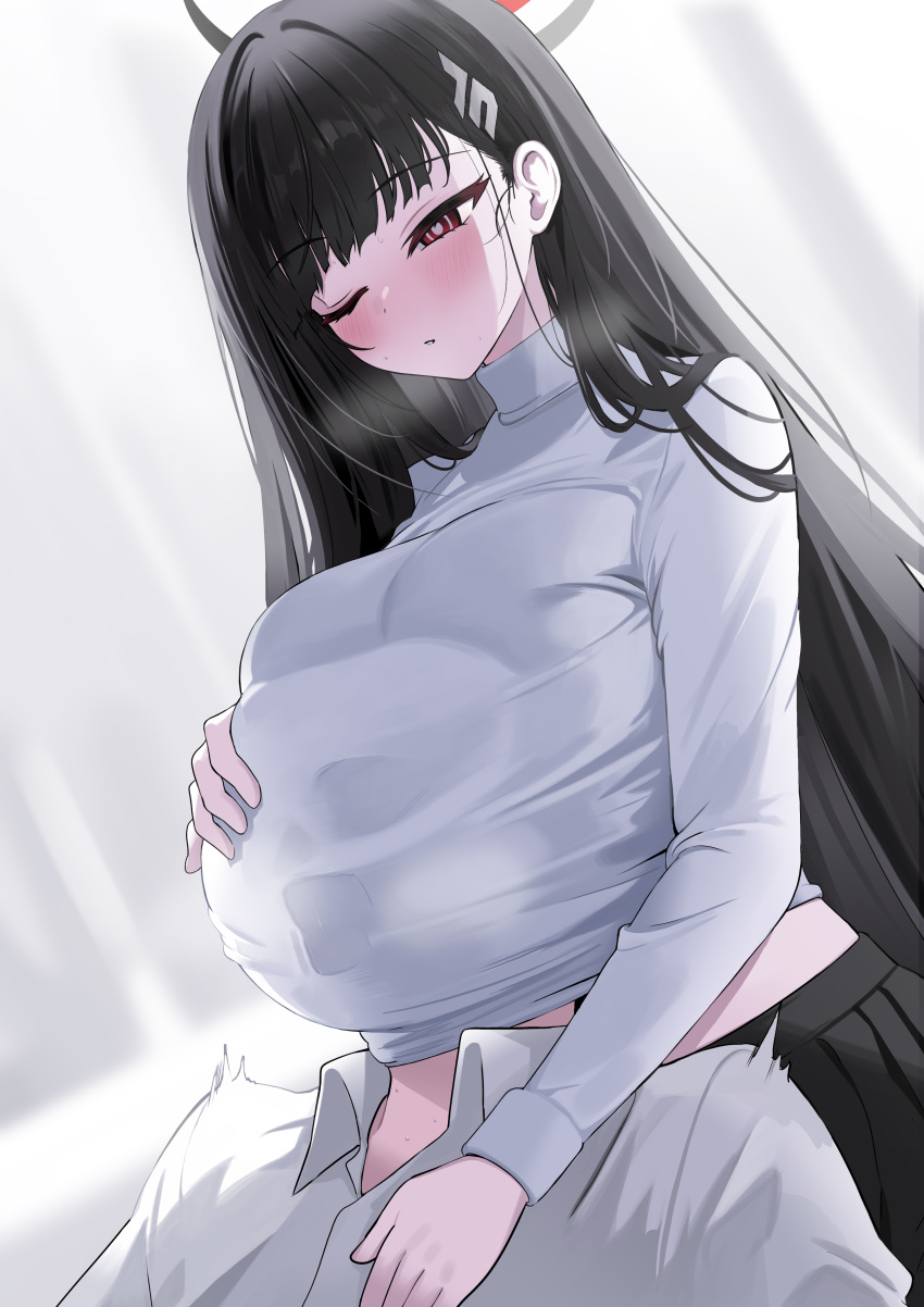 1boy absurdres black_hair blue_archive blush breasts bright_pupils female hair_ornament hairclip halo highres large_breasts long_hair long_sleeves open_mouth red_eyes rio_(blue_archive) shared_clothes sweater turtleneck turtleneck_sweater very_long_hair white_pupils yuki_(asayuki101)