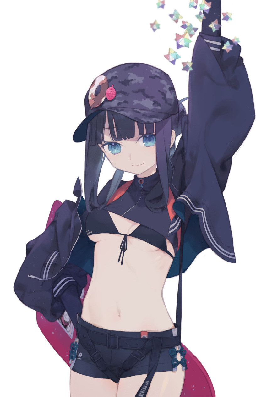 absurdres arm_up badge baseball_cap bikini bikini_under_clothes black_bikini black_jacket black_shirt black_shorts blue_eyes breasts button_badge camouflage camouflage_headwear cropped_jacket cropped_shirt daisi_gi fate/grand_order fate_(series) female grey_hat hat highres instrument_case jacket long_hair long_sleeves looking_at_viewer medium_breasts navel pale_skin purple_hair saint_quartz_(fate) shirt short_shorts shorts sidelocks smile solo swimsuit thighs yang_guifei_(event_portrait)_(fate) yang_guifei_(fate)