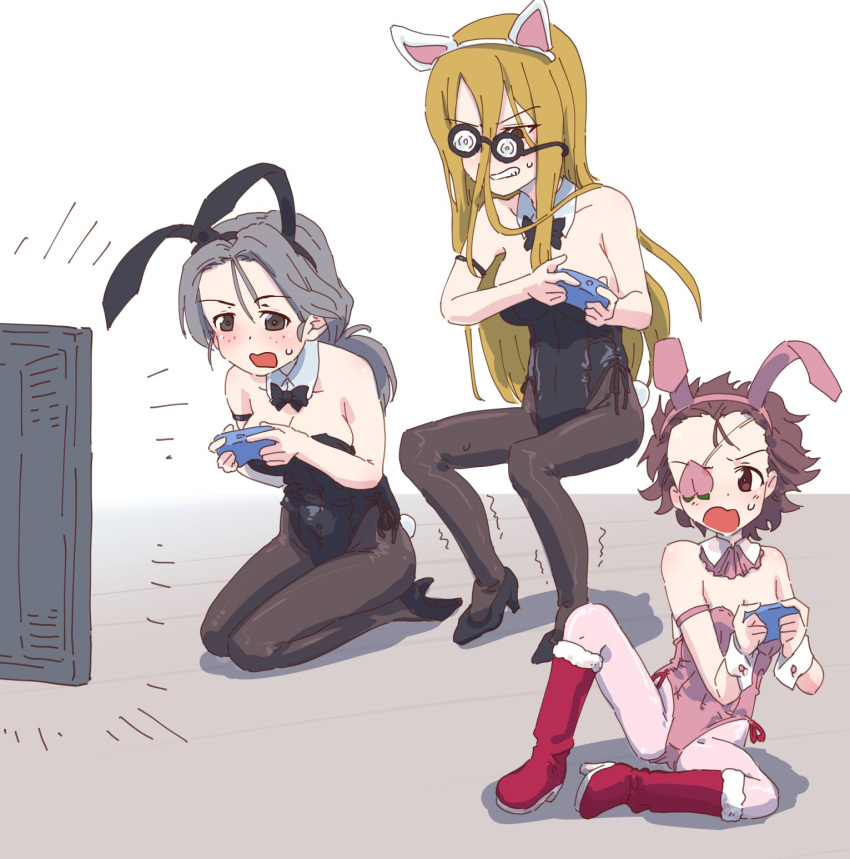 3girls animal_ears black_bow black_bowtie black_leotard black_pantyhose blonde_hair blush bow bowtie breasts brown_eyes brown_hair cat_ears eyepatch fake_animal_ears fake_tail freckles girls_und_panzer glasses grey_eyes grey_hair high_heels highres large_breasts leotard long_hair momogaa_(girls_und_panzer) monolith_(suibou_souko) multiple_girls nekonyaa_(girls_und_panzer) open_mouth pantyhose pink_leotard pink_pantyhose piyotan_(girls_und_panzer) playboy_bunny playing_games ponytail rabbit_ears rabbit_tail short_hair small_breasts sweat tail video_game