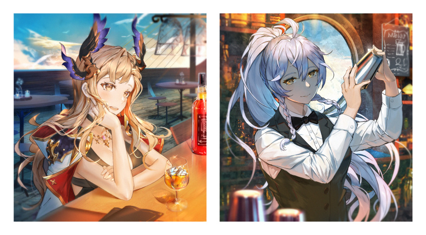 2girls alcohol alternate_costume bartender black_bow black_dress black_vest blonde_hair blue_sky border bow braid collared_shirt cup dress dress_shirt drinking_glass granblue_fantasy hand_on_own_chin head_wings high_ponytail highres ice ice_cube jacket jacket_on_shoulders jewelry long_hair looking_at_another lu" mixing multiple_girls necklace open_mouth shaking shirt silva_(granblue_fantasy) sitting sky smile table tweyen_(granblue_fantasy) twin_braids vest wavy_hair white_border white_hair white_shirt wings wooden_floor yellow_eyes