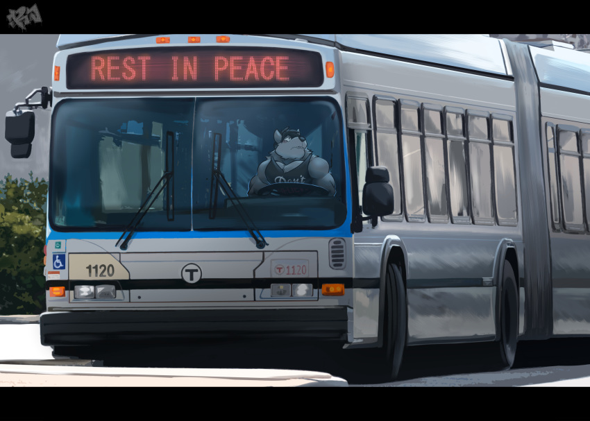 absurd_res anthro articulated_bus bus canid canine canis clothing commercial_vehicle detailed_background grey_body hi_res inside_bus jake_(jakewolf00) male mammal mbta public_transportation resondog sad shirt solo tank_top topwear vehicle vehicle_for_hire wolf