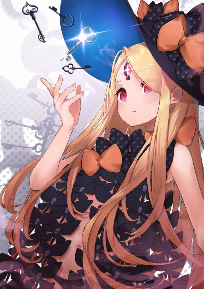 abigail_williams_(fate) abigail_williams_(second_ascension)_(fate) bad_id bad_pixiv_id bare_shoulders black_bow bow breasts collarbone commentary_request fate/grand_order fate_(series) female hat hat_bow highres key keyhole lazu0721 long_hair looking_at_viewer multiple_bows multiple_hat_bows navel orange_bow parted_bangs pink_eyes sidelocks small_breasts very_long_hair