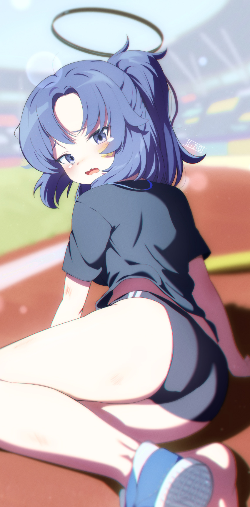 absurdres ass bad_id bad_pixiv_id blue_archive blue_eyes blue_hair blue_shirt bruise buruma commentary fallen_down female gym_shirt gym_shorts gym_uniform halo highres injury korean_commentary liyom looking_at_viewer mechanical_halo open_mouth shirt shoes shorts single_shoe solo thighs yuuka_(blue_archive) yuuka_(track)_(blue_archive)