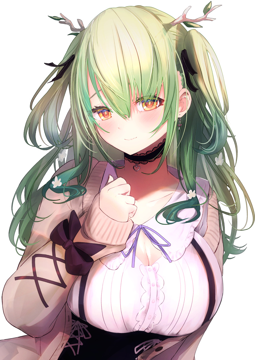 absurdres antlers black_choker blush breasts ceres_fauna ceres_fauna_(jirai_kei) choker cleavage closed_mouth commentary earrings female frilled_choker frills getto green_hair highres hololive hololive_english horns jewelry jirai_kei large_breasts long_hair long_sleeves looking_at_viewer official_alternate_costume simple_background smile solo symbol-only_commentary virtual_youtuber white_background yellow_eyes