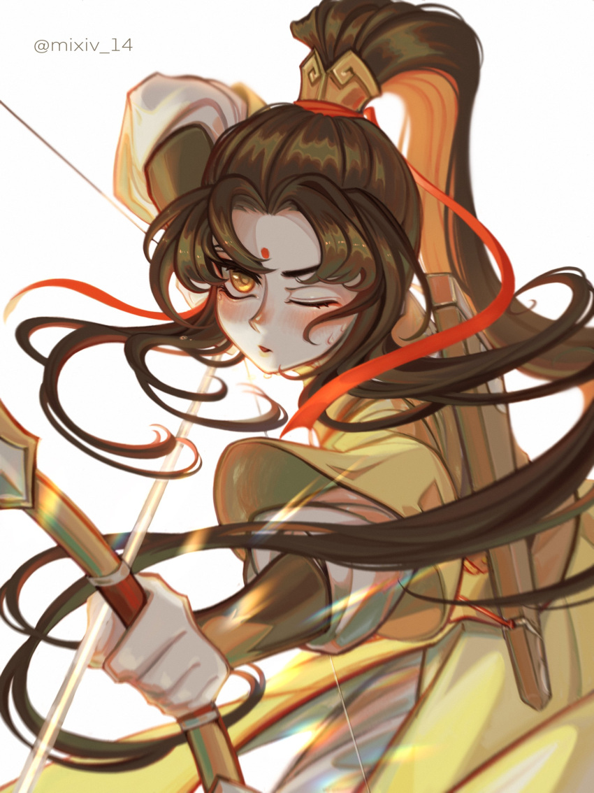 1boy absurdres aiming androgynous archery arrow_(projectile) bindi bow_(weapon) brown_hair chinese_clothes commentary english_commentary facial_mark forehead_mark hair_ribbon hair_tie highres jin_ling long_hair male_focus modao_zushi nathania_justine one_eye_closed parted_lips ponytail ribbon sidelocks solo sweat twitter_username upper_body very_long_hair weapon white_background yellow_eyes