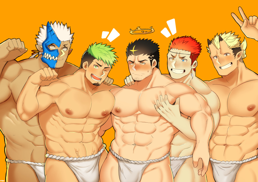 5boys abs absurdres bara black_hair blonde_hair bulge dark-skinned_male dark_skin fujimachine_(clayten) fundoshi grabbing green_eyes green_hair half_mask heterochromia highres horned_mask horns ikusaba_daisuke japanese_clothes jiraiya_(housamo) male_focus male_underwear mask monster_boy multicolored_hair multiple_boys muscular muscular_male oni_mask pectoral_docking pectoral_grab pectoral_press pectorals pollux_(housamo) red_hair shuten_douji_(housamo) stomach tokyo_afterschool_summoners topless_male tusks underwear underwear_only v white_hair white_male_underwear yellow_eyes zabaniyya_(housamo)