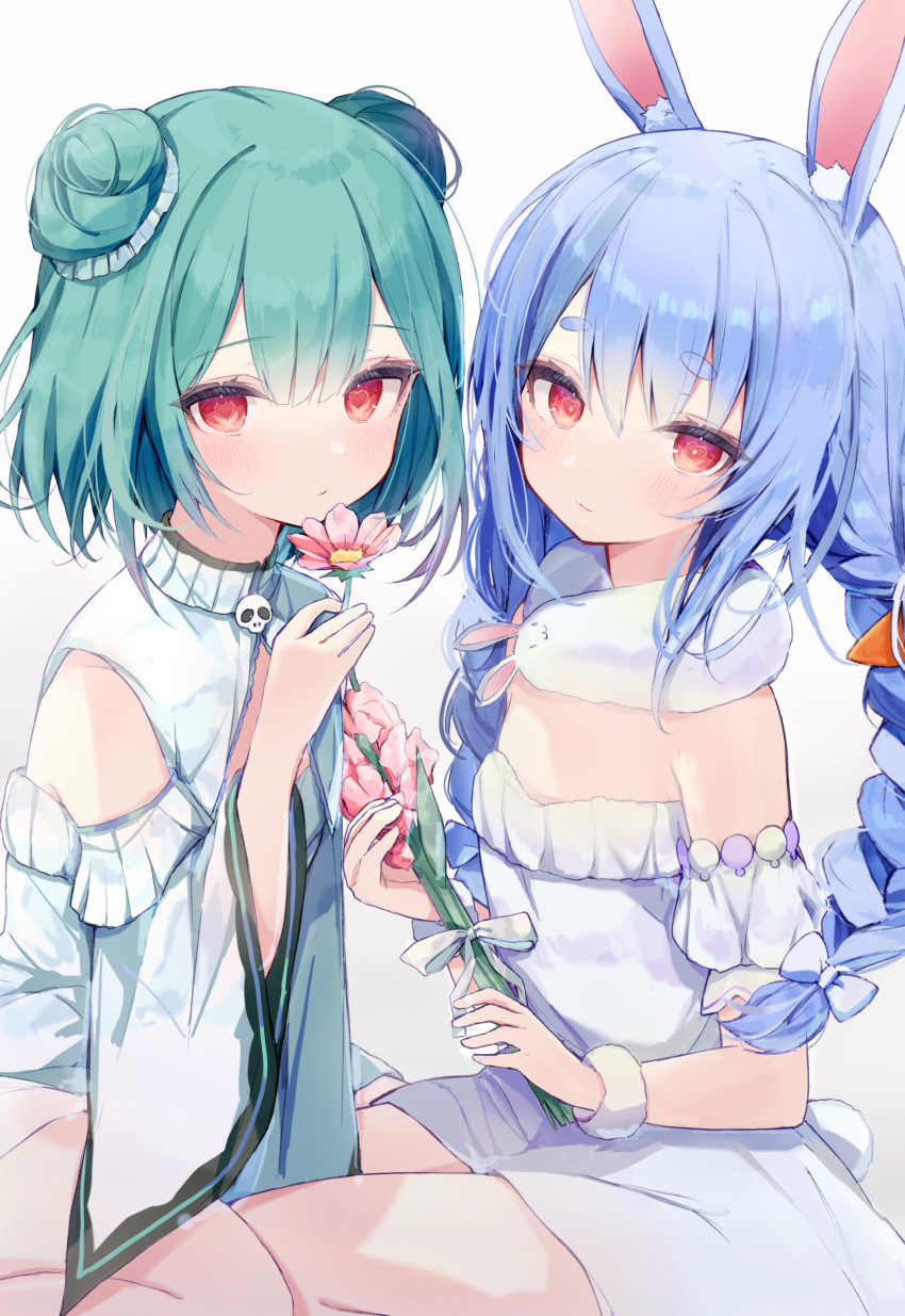 2girls :/ absurdres adapted_costume animal_ear_fluff animal_ears bare_shoulders blue_hair braid commentary detached_sleeves don-chan_(usada_pekora) double_bun dress feet_out_of_frame flat_chest flower fur_scarf fusuma_(ramunezake) green_hair hair_bun hair_ornament has_bad_revision has_downscaled_revision heart heart-shaped_pupils highres holding holding_flower hololive light_smile long_hair looking_at_viewer md5_mismatch multiple_girls pink_flower rabbit_ears red_eyes resolution_mismatch short_eyebrows short_hair short_sleeves simple_background sitting source_smaller strapless strapless_dress symbol-only_commentary symbol-shaped_pupils thick_eyebrows twin_braids twintails uruha_rushia uruha_rushia_(1st_costume) usada_pekora virtual_youtuber white_background white_dress