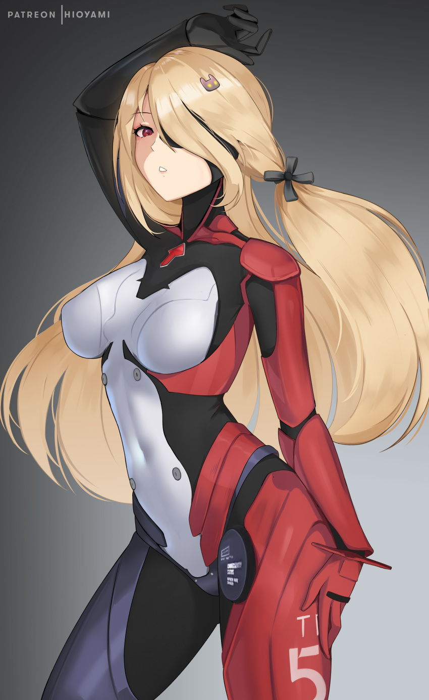 absurdres arm_up artist_name blonde_hair bodysuit breasts covered_navel cowboy_shot female gradient_background grey_background highres hioyami long_hair looking_at_viewer medium_breasts nemesis_(tower_of_fantasy) parted_lips patreon_username red_eyes simple_background solo tower_of_fantasy