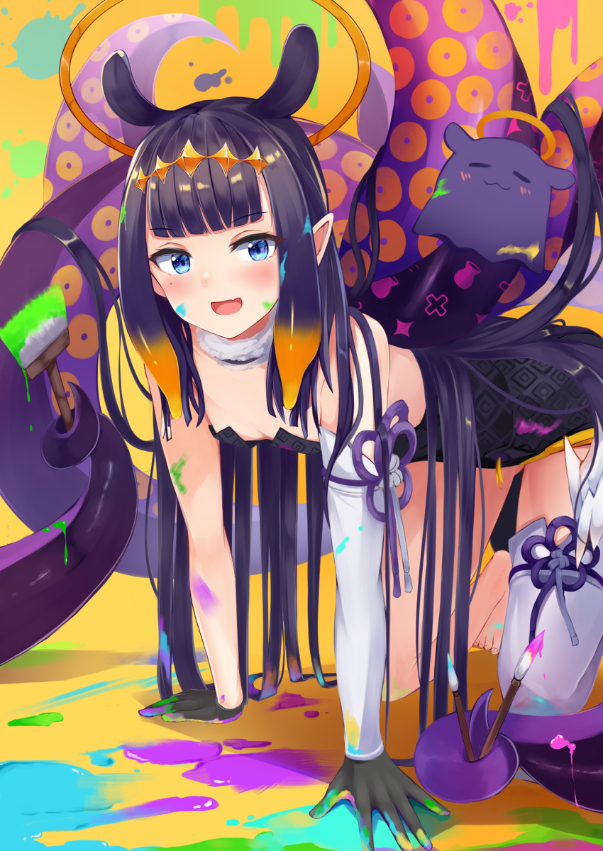 :d all_fours bare_shoulders black_dress black_gloves blue_eyes blunt_bangs breasts commentary detached_sleeves dress female gloves gradient_hair hair_ornament halo highres hololive hololive_english irohara long_hair looking_at_viewer mole mole_under_eye multicolored_hair ninomae_ina'nis ninomae_ina'nis_(1st_costume) oerba_yun_fang open_mouth orange_background orange_hair paint paint_in_hair paint_on_body paint_splatter paint_splatter_on_face paintbrush pointy_ears purple_hair sidelocks single_detached_sleeve single_thighhigh skin_fang small_breasts smile solo takodachi_(ninomae_ina'nis) tentacle tentacle_hair thighhighs tongue very_long_hair virtual_youtuber