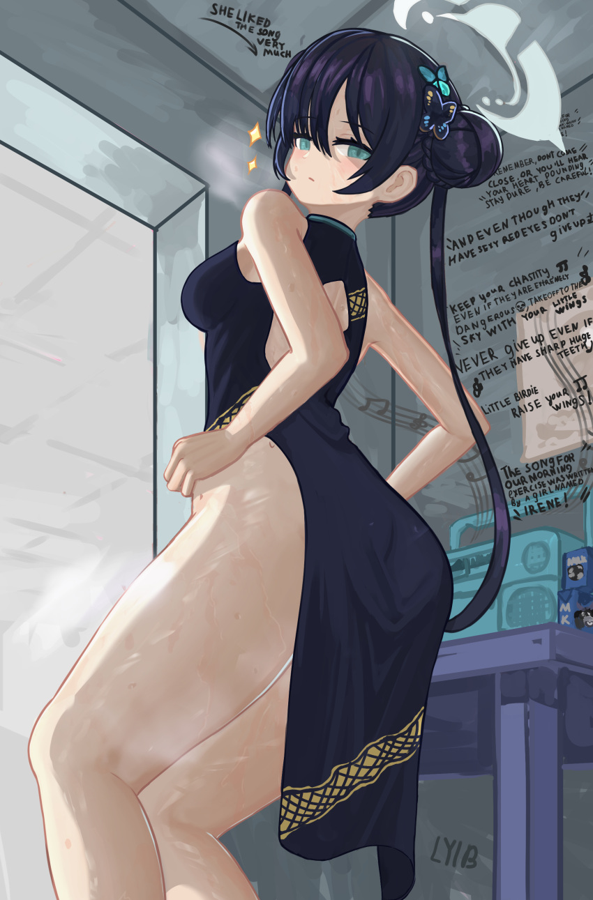 absurdres ass black_dress black_hair blue_archive blue_eyes blush breasts butterfly_hair_ornament china_dress chinese_clothes dress english_text female hair_ornament highres kisaki_(blue_archive) looking_at_viewer looking_back lyib self-upload solo sweat thighs twintails