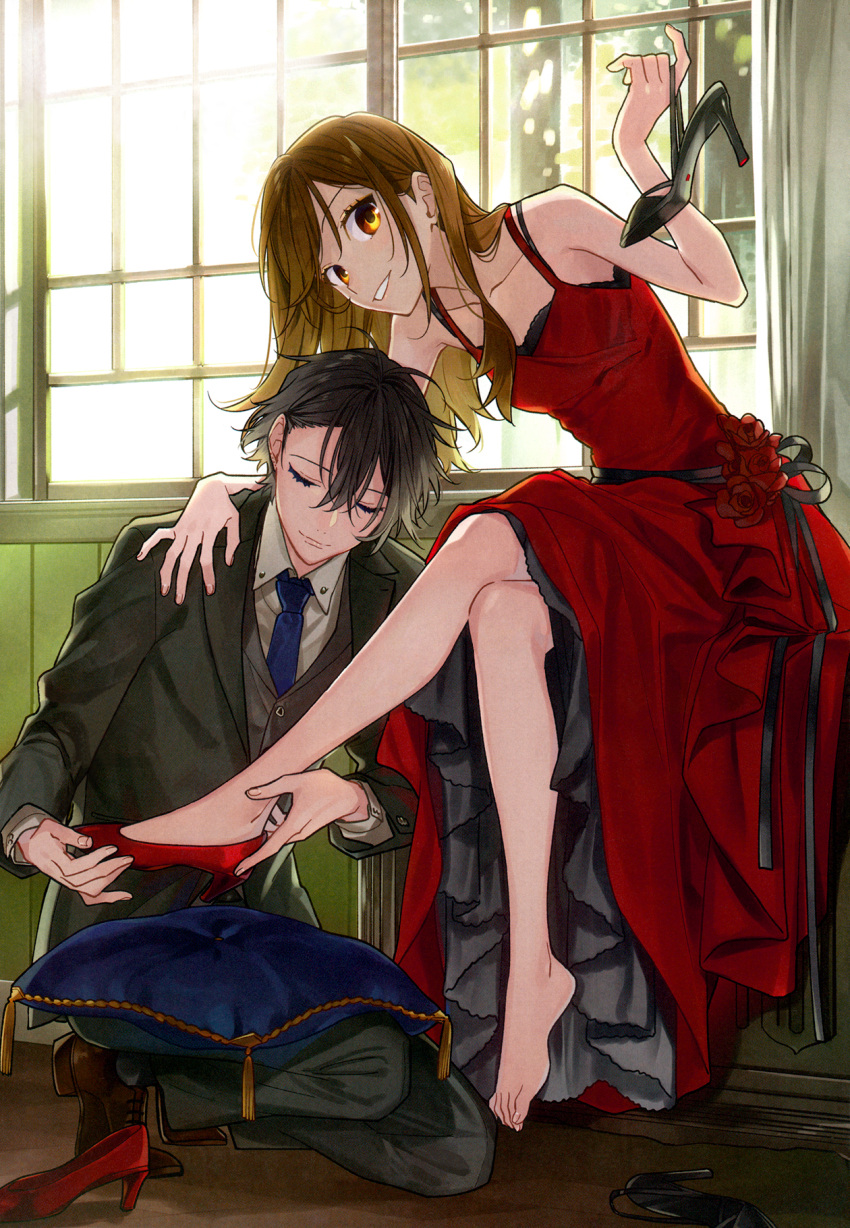 1boy bare_legs bare_shoulders barefoot black_hair blue_necktie brown_eyes brown_footwear brown_hair closed_eyes closed_mouth collared_shirt dress feet female fingernails foot_focus formal full_body hagiwara_daisuke highres hori-san_to_miyamura-kun hori_kyouko long_hair long_sleeves looking_at_viewer miyamura_izumi necktie official_art pillow red_dress red_footwear shirt short_hair sitting smile suit teeth toes white_shirt window