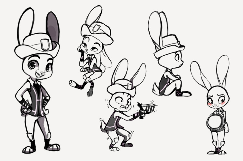 2015 anthro blush bukoya-star clothed clothing disney fully_clothed fur hat headgear headwear holding_object judy_hopps lagomorph leporid mammal monochrome multiple_positions rabbit safety_vest simple_background solo topwear vest white_background zootopia