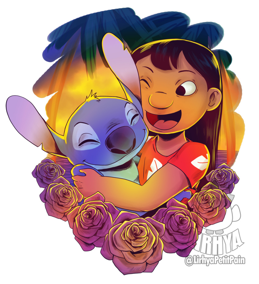 2020 alien ambiguous_gender black_hair blue_body blue_fur blue_nose closed_eyes clothed clothing digital_drawing_(artwork) digital_media_(artwork) disney duo experiment_(lilo_and_stitch) female flower fur hair head_tuft hi_res hug human lilo_and_stitch lilo_pelekai lirhya lolicon long_hair mammal muumuu notched_ear one_eye_closed open_mouth open_smile plant rose_(flower) smile stitch_(lilo_and_stitch) tuft watermark young