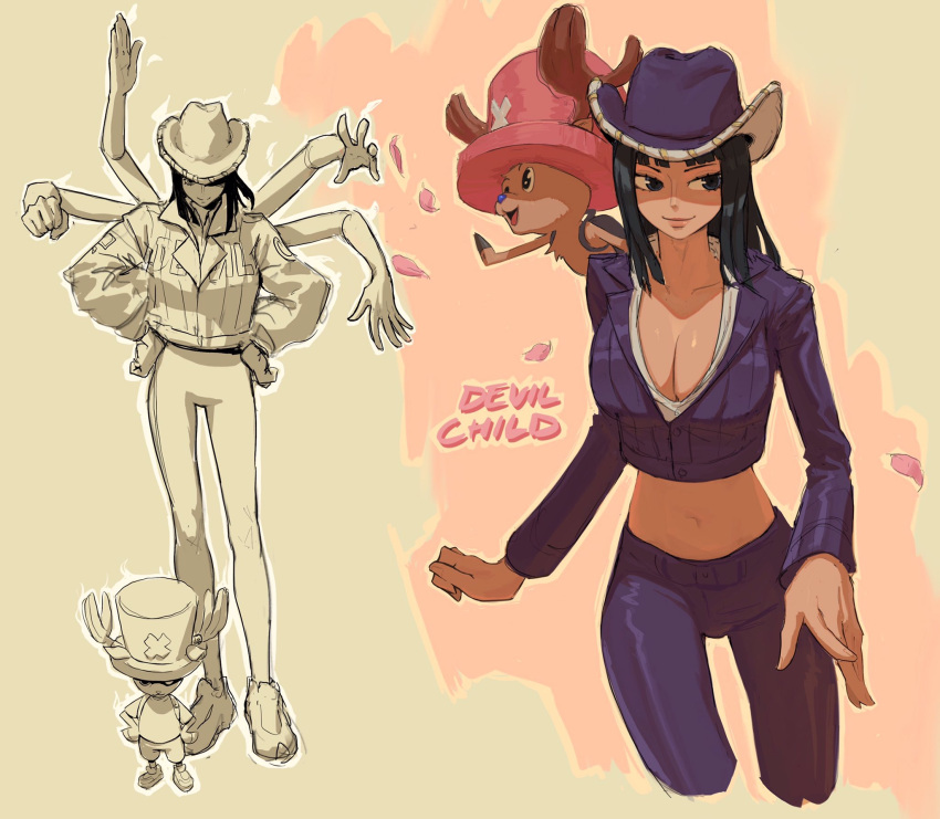 1boy :d antlers antlers_through_headwear black_hair blue_eyes breasts cleavage closed_mouth cowboy_hat crop_top cropped_jacket cropped_legs edpan extra_arms female furry hat height_difference highres horns jacket large_breasts long_hair looking_to_the_side midriff navel nico_robin one_piece open_mouth pants pink_headwear purple_headwear purple_jacket purple_pants reindeer_antlers smile standing tony_tony_chopper top_hat