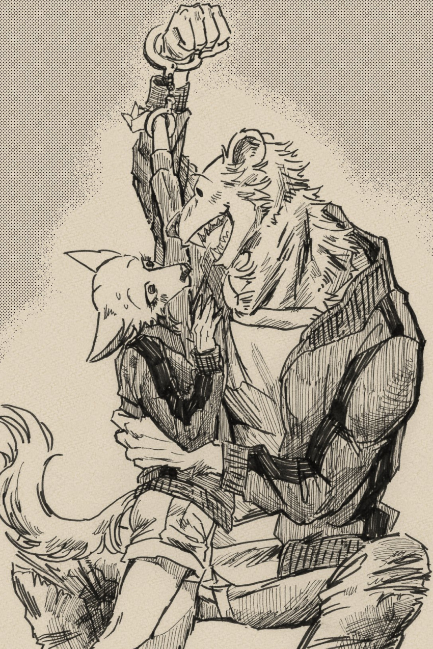 ai_(beastars) anthro bear beastars black_and_white black_nose bodily_fluids bottomwear bound bound_together brown_bear canid canine clothed clothing cuff_(restraint) duo eye_contact fangs female fox fur hand_on_chest hand_on_hip handcuffed_together handcuffs hi_res jacket joze_osaka larger_male looking_at_another looking_at_partner male male/female mammal metal_cuffs monochrome open_mouth pants raised_arm restraints riz_(beastars) shackles sharp_teeth shirt shorts sitting size_difference smaller_female smile sweat sweatdrop teeth tibetan_sand_fox topwear true_fox ursine