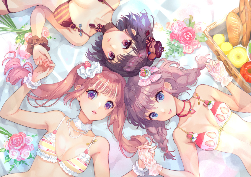 3girls apple bare_arms bare_shoulders blue_eyes bow bow_bra bra braid bread breasts brown_bra brown_hair cake cake_hair_ornament choker collarbone flower food food-themed_clothes food-themed_hair_ornament food_print fruit gloves hair_ornament highres lying medium_breasts multiple_girls nishimura_eri on_back original picnic_basket print_bra purple_eyes rose scrunchie strawberry strawberry_shortcake string_bra striped_bra striped_clothes sweets_lingerie twin_braids twintails underwear underwear_only wrist_scrunchie