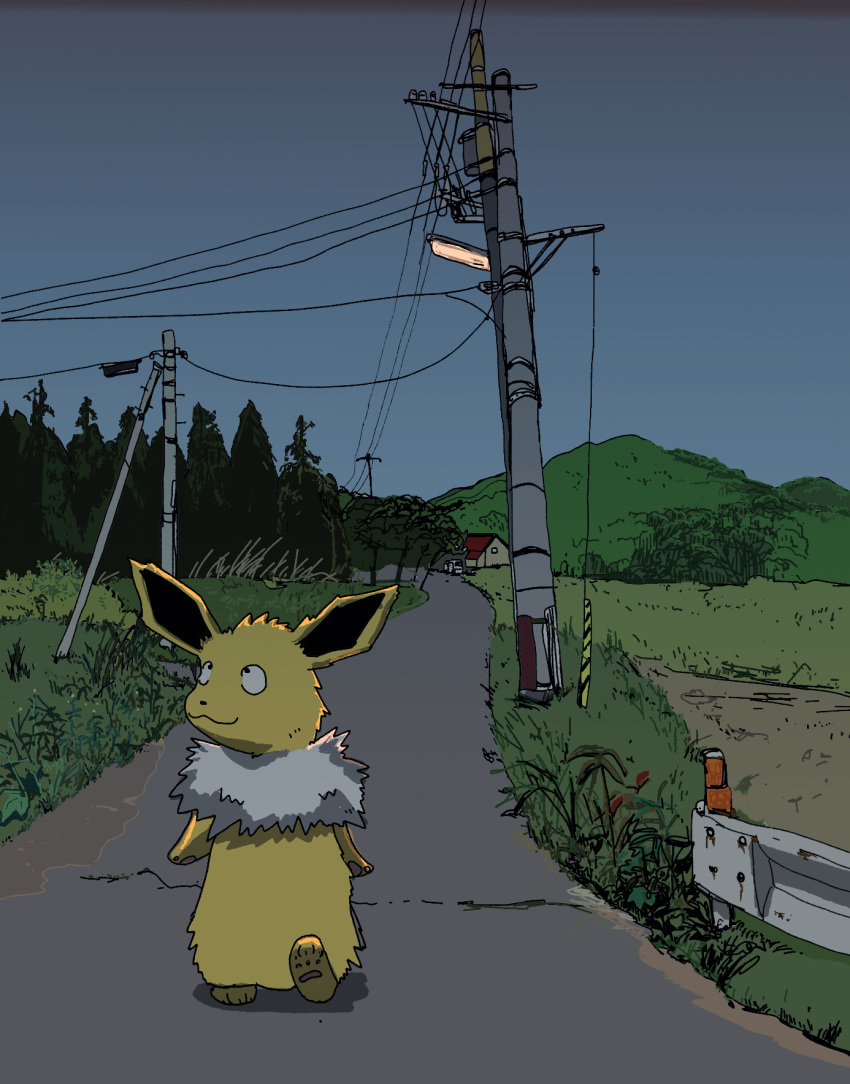 2022 ambiguous_gender anthro building cracked digital_media_(artwork) dot_nose eeveelution fur geboku generation_1_pokemon grass hi_res house jolteon looking_up night nintendo outside pawpads paws plant pokemon pokemon_(species) post shaded sky smile solo street street_lamp tree walking wire yellow_body yellow_fur