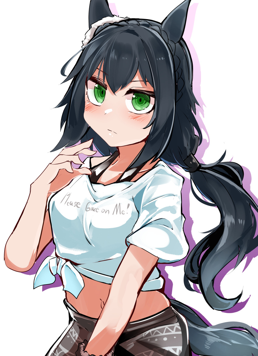 absurdres animal_ears black_hair clothes_writing commission crop_top female gaze_on_me!_outfit_(umamusume) green_eyes grey_shorts highres horse_ears horse_girl horse_tail kin'iro_ryotei_(umamusume) long_hair looking_at_viewer low_ponytail midriff navel official_alternate_costume shi_(kamokamo910) shirt short_sleeves shorts simple_background skeb_commission solo t-shirt tail tied_shirt umamusume upper_body white_background white_shirt