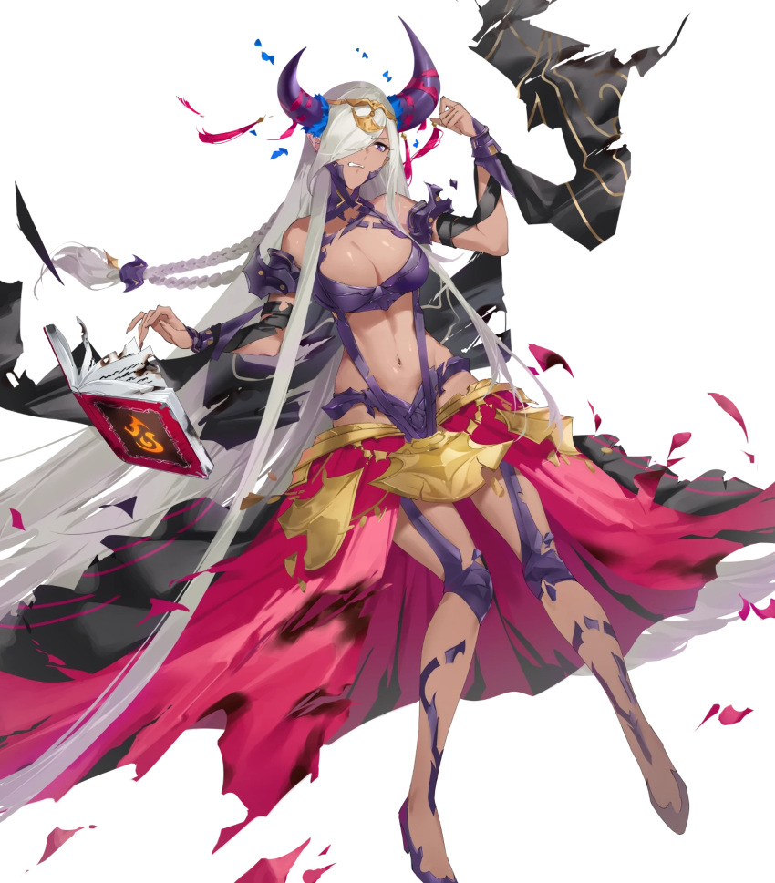 book braid breasts burned_paper burnt_clothes cleavage clenched_teeth dark-skinned_female dark_skin female fingernails fire_emblem fire_emblem_engage fire_emblem_heroes full_body hair_ornament hair_over_one_eye hand_up highres ichibi long_hair long_skirt medium_breasts navel non-web_source official_art open_book parted_lips pointy_ears purple_eyes shiny_skin skirt solo stomach teeth torn_clothes torn_skirt transparent_background very_long_hair white_hair zephia_(fire_emblem)