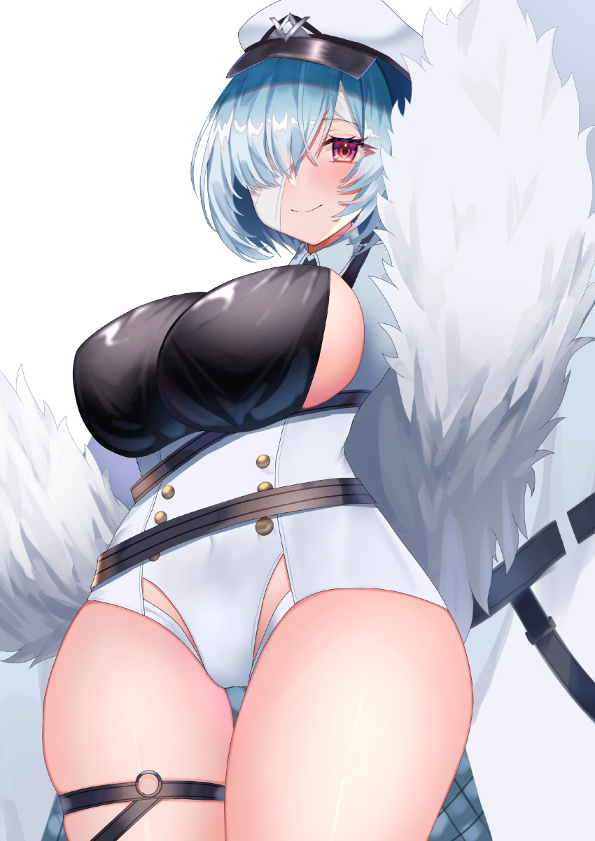 absurdres azur_lane bandage_over_one_eye blue_hair blush breasts coat commentary_request cowboy_shot female framed_breasts fur-trimmed_coat fur_trim hair_over_one_eye hat highres kuybyshev_(azur_lane) large_breasts leotard long_sleeves looking_at_viewer partial_commentary peaked_cap red_eyes short_hair sideboob simple_background sino_rameko solo thigh_strap thighs white_background white_leotard