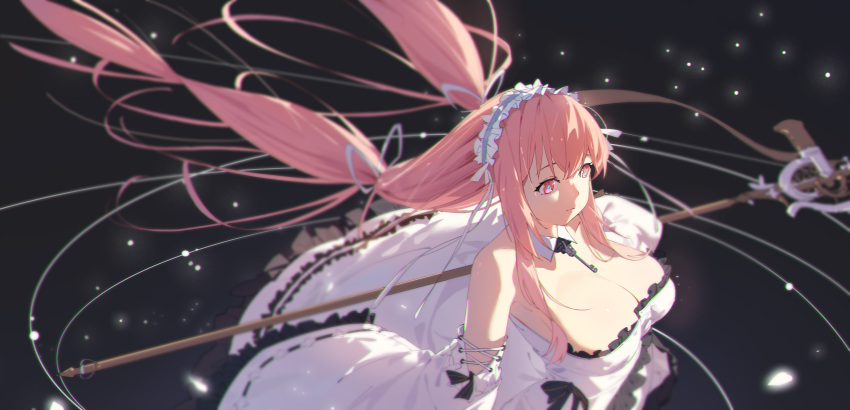 absurdres ame_(2453323719) azur_lane bare_shoulders black_background breasts chinese_commentary detached_sleeves dress female frilled_dress frilled_hairband frills from_above hairband highres huge_breasts long_hair perseus_(azur_lane) pink_eyes pink_hair simple_background solo twintails very_long_hair white_dress