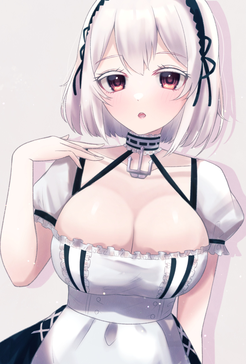 absurdres anchor_choker apron azur_lane black_dress breasts cleavage collar colored_eyelashes dress female highres junineu large_breasts metal_collar puffy_short_sleeves puffy_sleeves red_eyes short_hair short_sleeves simple_background sirius_(azur_lane) solo two-tone_dress upper_body white_apron white_background white_dress white_hair