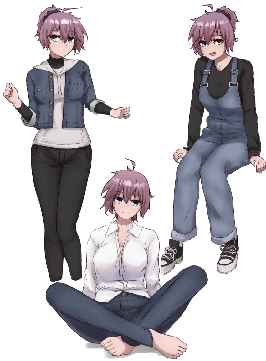 :d absurdres ahoge alternate_costume aoba_(kancolle) barefoot black_footwear black_pants black_scrunchie black_shirt blue_eyes blue_pants casual collared_shirt cropped_legs denim female hair_between_eyes hair_ornament hair_scrunchie highres ikadamo jeans kantai_collection long_sleeves looking_at_viewer messy_hair multiple_views overalls pants ponytail purple_hair scrunchie shirt shoes simple_background smile sneakers white_background white_shirt