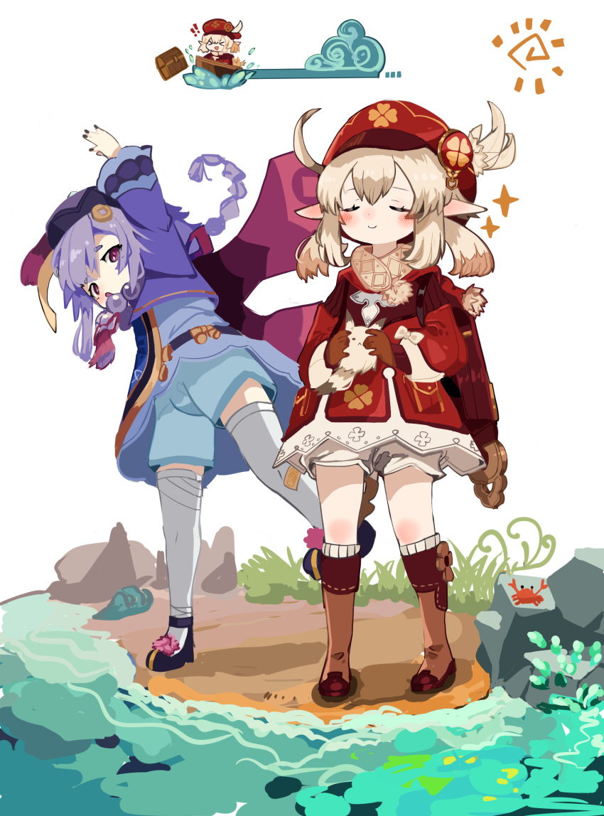 >_< 2girls :d absurdres amulet arm_up backpack bag beach bead_necklace beads black_footwear bloomers boat boots brown_footwear brown_gloves brown_scarf cabbie_hat cape carrying chibi closed_eyes clover_print coat coin_hair_ornament conch crab dodoco_(genshin_impact) full_body gameplay_mechanics genshin_impact gloves hair_ornament hat hat_feather hat_ornament highres holding imagining jewelry jiangshi jumpy_dumpty klee_(genshin_impact) knee_boots kneehighs light_brown_hair long_sleeves low_twintails mary_janes multiple_girls necklace ofuda open_mouth parted_lips pocket pointy_ears purple_eyes purple_hair qingdai_guanmao qiqi_(genshin_impact) randoseru red_coat red_headwear riding ryu_(17569823) scarf shoes smile socks sparkle standing standing_on_one_leg stretching stuffed_animal stuffed_toy thighhighs twintails underwear watercraft white_legwear wide_sleeves xd