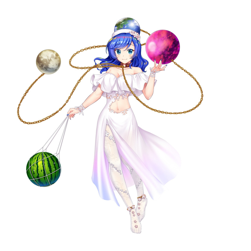 alternate_costume blue_eyes blue_hair blue_nails breasts cleavage closed_mouth dress female food fruit full_body game_cg hecatia_lapislazuli hecatia_lapislazuli_(earth) hecatia_lapislazuli_(tropical_goddess) highres looking_at_viewer medium_hair moon_(ornament) navel off_shoulder official_art pantyhose rotte_(1109) simple_background smile solo third-party_source touhou touhou_lostword watermelon white_background white_dress white_pantyhose