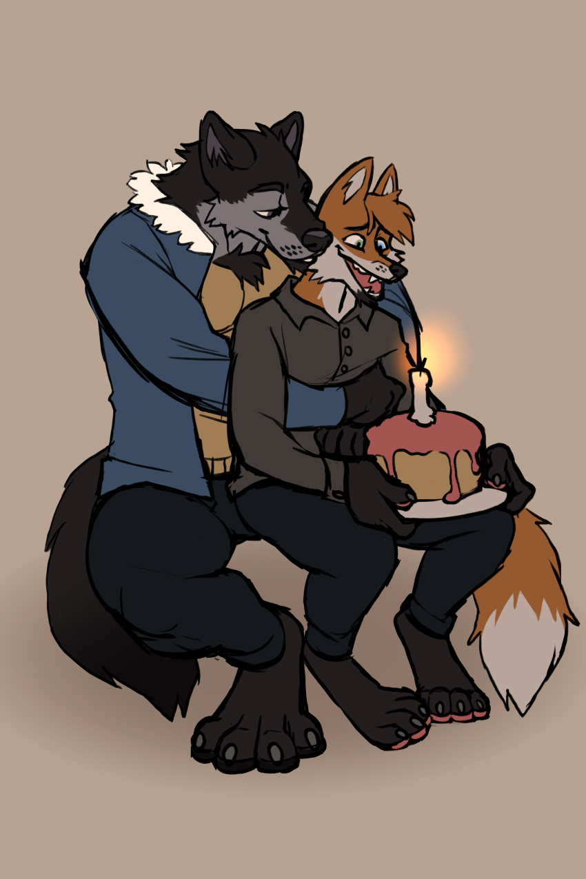 2:3 absurd_res anthro birthday_cake bottomwear cake canid canine canis clothing denim denim_bottomwear denim_clothing dessert duo fetishame food fox happy haruz_(lumarten) hi_res hug jacket jeans kissing_cheek lucas_(lumarten) male male/male mammal pants smile sweater topwear wolf