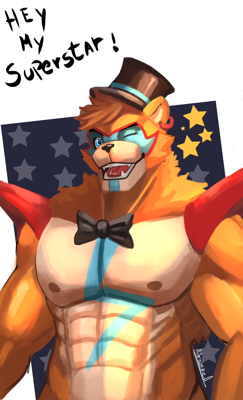 abs adrovmike anthro barazoku biceps big_muscles blue_eyes bodypaint bow_tie brown_body brown_fur clothing countershade_face countershade_fur countershade_torso countershading dialogue ear_piercing ear_ring english_text face_paint five_nights_at_freddy's five_nights_at_freddy's:_security_breach fur glamrock_freddy_(fnaf) glistening glistening_eyes hat headgear headwear hi_res male mammal muscular muscular_anthro muscular_male nipples one_eye_closed open_mouth open_smile pecs piercing scottgames shoulder_pads smile solo star talking_to_viewer tan_body tan_countershading tan_fur teeth text tongue top_hat ursid video_games wink