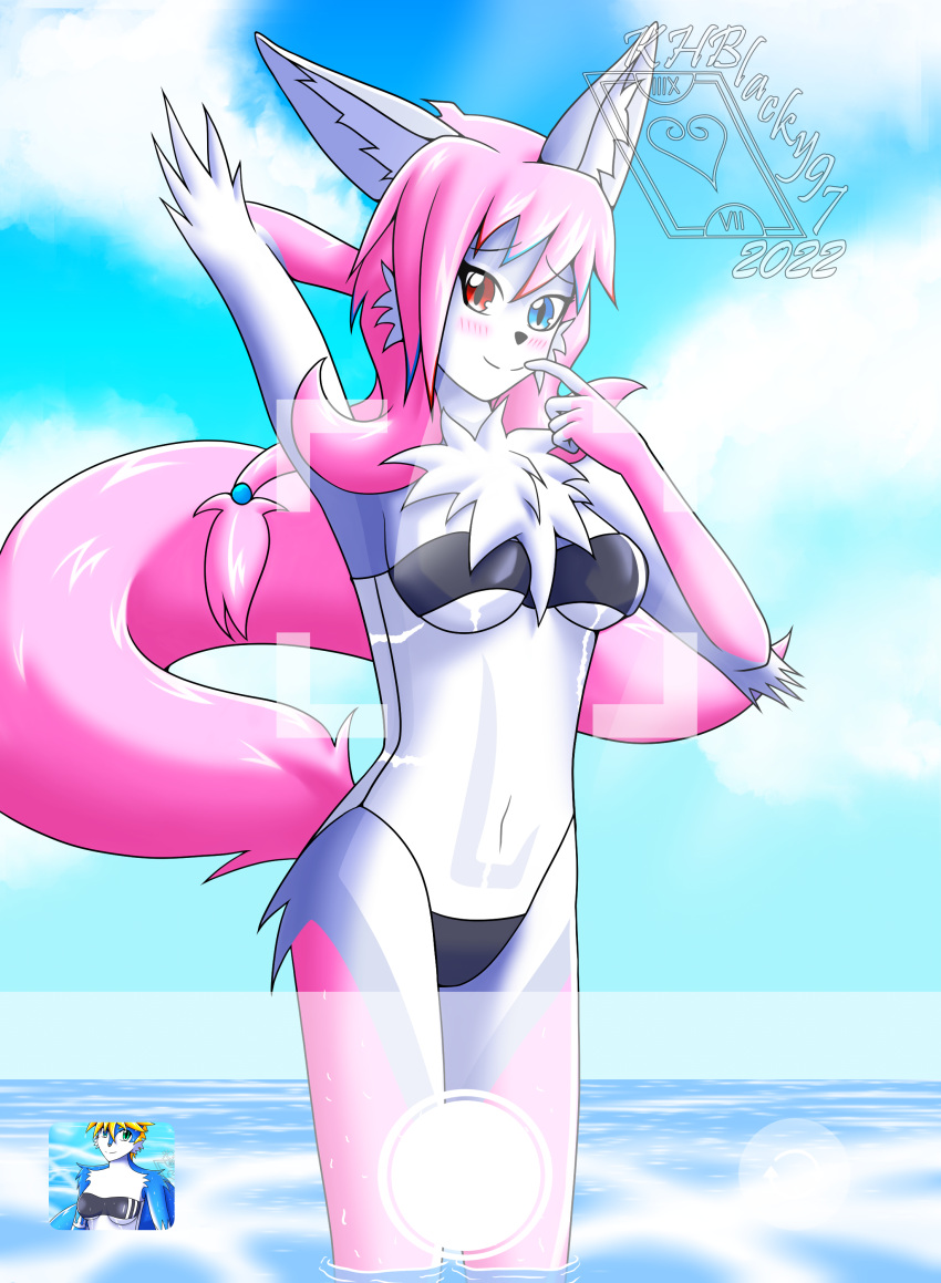 absurd_res anthro blush breasts camera_view canid canine clothing female fox fur fur_markings gris_swimsuit hi_res khblacky97 mammal markings meme meme_clothing one-piece_swimsuit photo raised_arm sea shion_ikigai shy_smile solo swimwear translucent translucent_clothing translucent_swimwear under_boob water