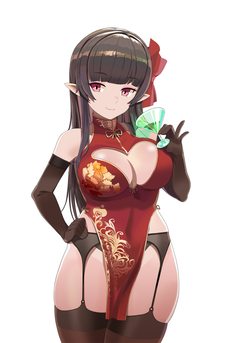 bare_shoulders black_panties black_thighhighs blunt_bangs bow breasts china_dress chinese_clothes cleavage_cutout closed_mouth clothing_cutout cocktail_glass commission cosplay covered_navel cowboy_shot cup dress drinking_glass elbow_gloves elf female garter_belt garter_straps gloves gold_trim hair_ornament hand_on_own_hip hand_up highres legs_together long_hair looking_at_viewer looking_to_the_side medium_breasts olive original panties pointy_ears red_bow red_dress red_eyes ribbon scvready shadow short_dress simple_background sleeveless sleeveless_dress solo thighhighs underwear white_background yellow_ribbon