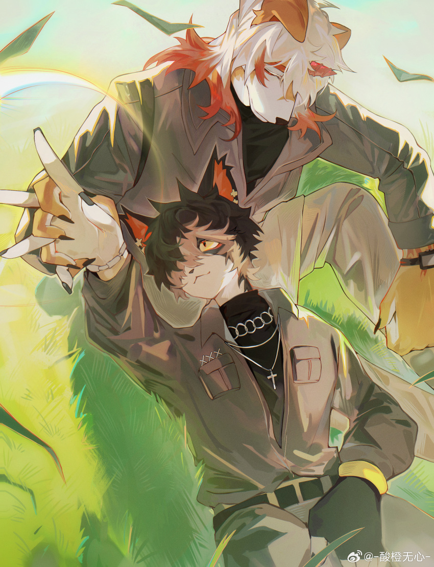 2024 aak_(arknights) absurd_res anthro arknights axianorange black_hair bottomwear canid canine canis closed_eyes clothed clothing domestic_cat domestic_dog duo ear_piercing felid feline felis fur hair hair_over_eye hand_holding hi_res horn hung_(arknights) hypergryph male mammal orange_hair pants piercing shirt sitting sitting_on_ground studio_montagne tan_body tan_fur topwear uniform weibo white_body white_fur white_hair yellow_eyes