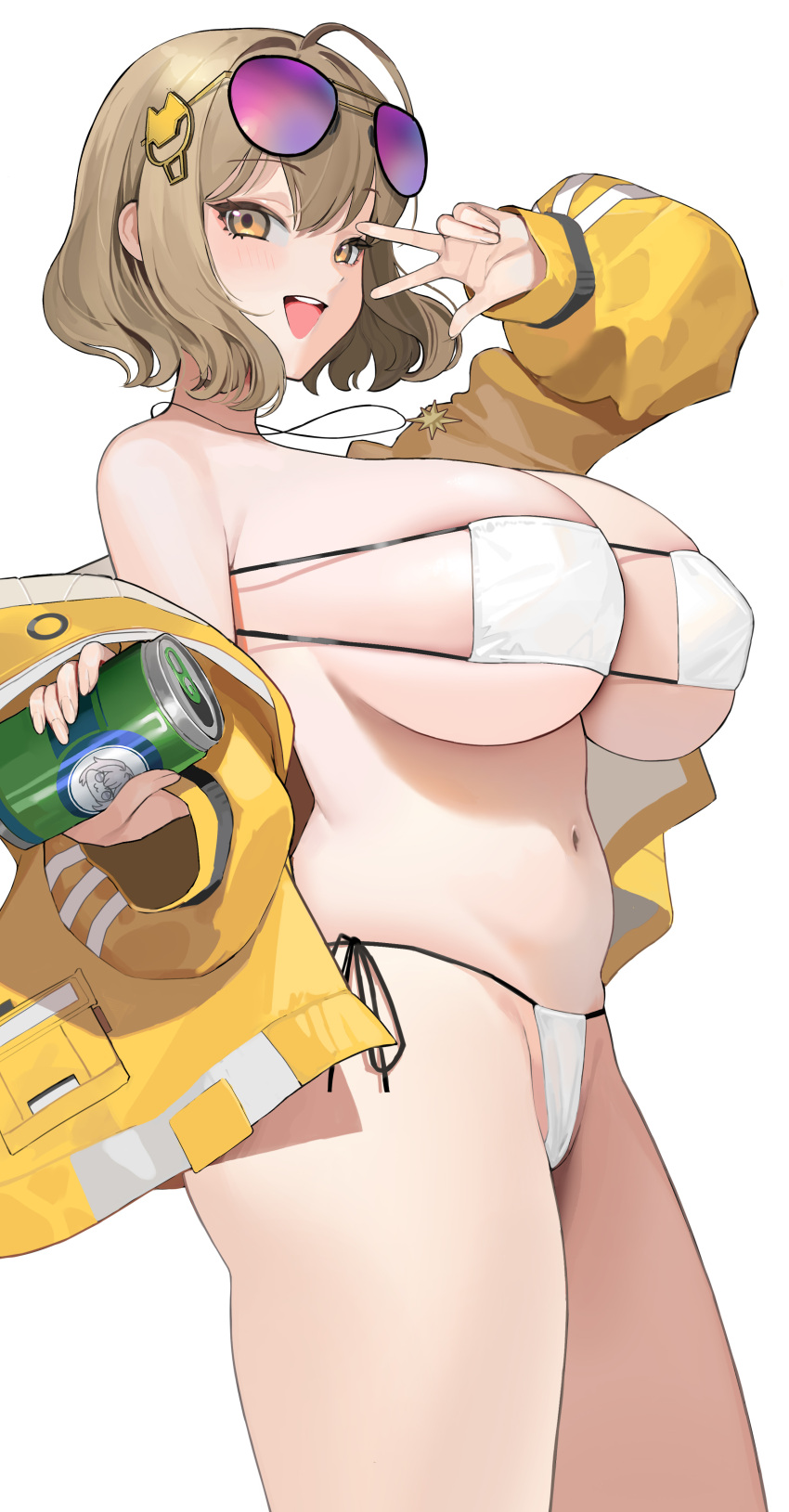 767_(pixiv973307689) absurdres ahoge anis_(nikke) anis_(sparkling_summer)_(nikke) aviator_sunglasses bare_shoulders bikini blush breasts brown_eyes brown_hair can cleavage drink_can eyepatch_bikini eyewear_on_head female goddess_of_victory:_nikke highres jacket large_breasts long_sleeves looking_at_viewer navel open_mouth short_hair smile soda_can solo sunglasses swimsuit thighs yellow_jacket