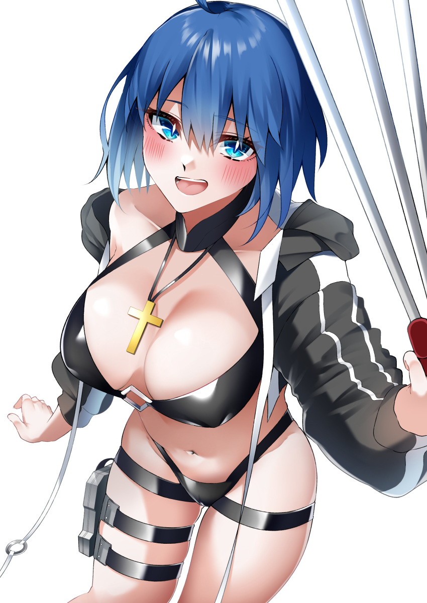 absurdres bare_shoulders bikini black_bikini black_jacket black_keys_(type-moon) blue_eyes blue_hair blush breasts ciel_(tsukihime) cleavage cropped_jacket cross cross_necklace fate/grand_order fate_(series) female highres jacket jewelry large_breasts len_(hand_linke) long_sleeves looking_at_viewer navel necklace open_mouth short_hair smile solo swimsuit sword thigh_strap thighs weapon