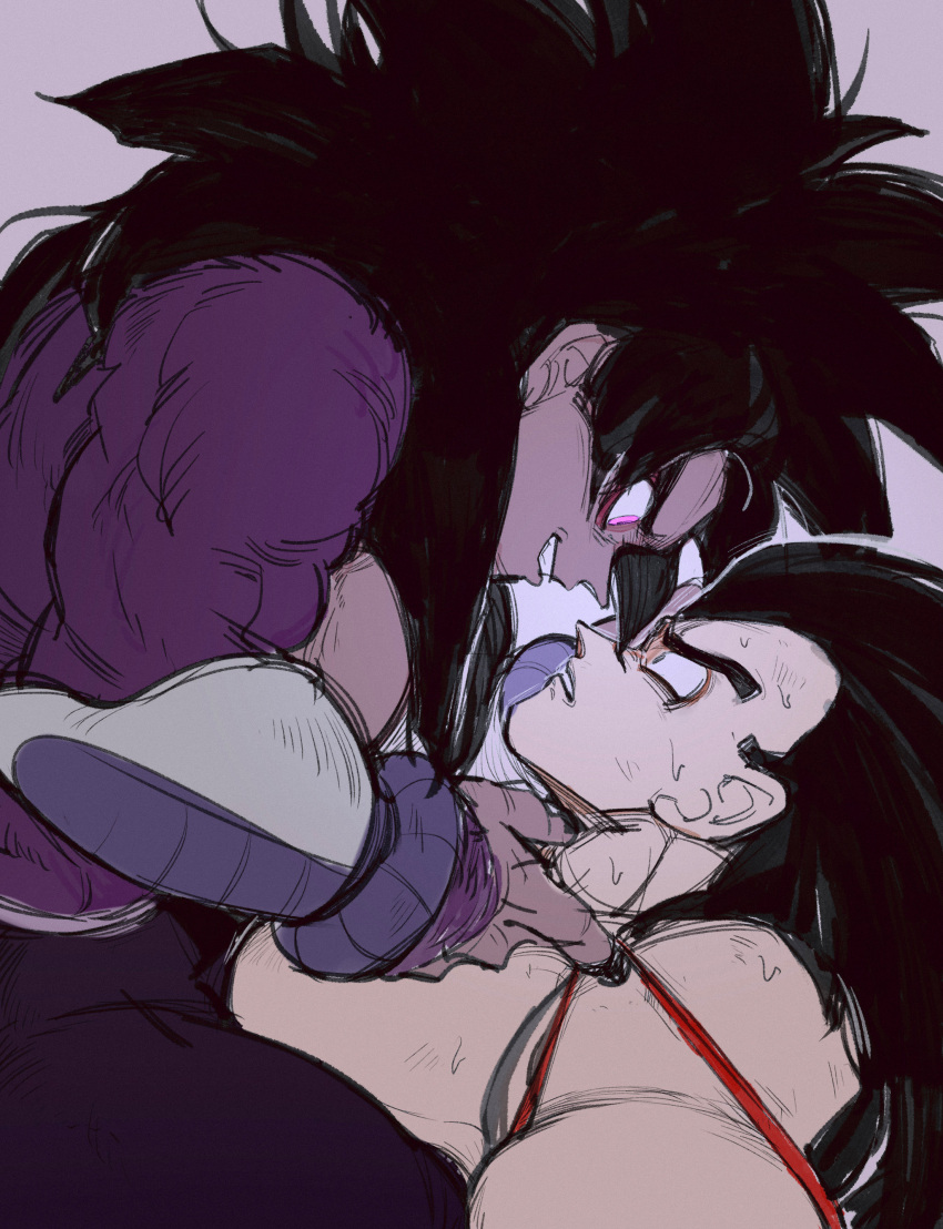 2boys absurdres bara black_hair body_fur camocat_(turlerad) couple dragon_ball dragon_ball_gt dragon_ball_z from_side highres large_pectorals long_hair male_focus multiple_boys muscular muscular_male nervous pectorals profile raditz spiked_hair super_saiyan super_saiyan_4 sweat tullece wide-eyed yaoi