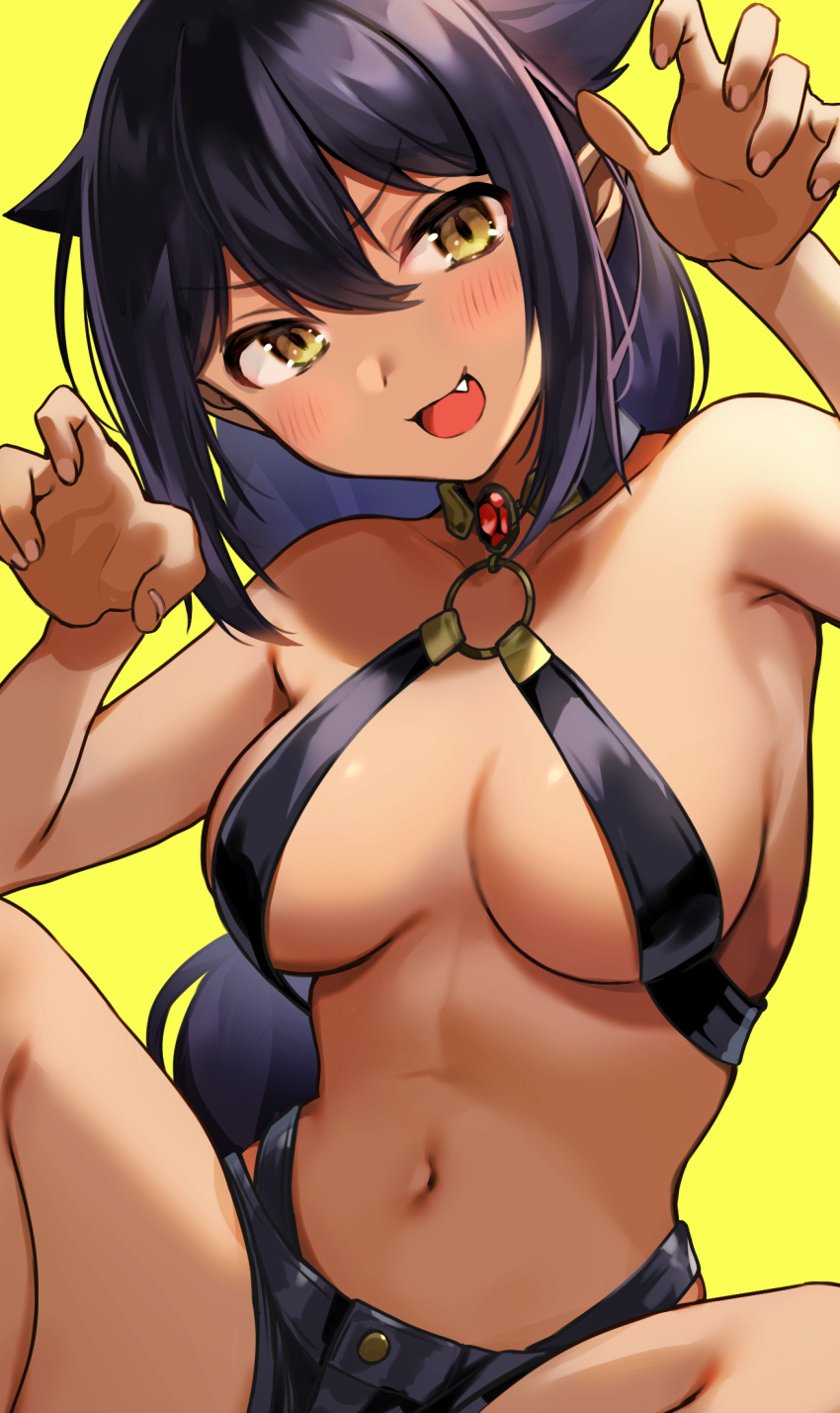 black_hair black_shorts blush breasts choker choker_jewel claw_pose dark-skinned_female dark_skin female hair_between_eyes hair_flaps highres jahy jahy-sama_wa_kujikenai! long_hair looking_at_viewer medium_breasts navel nishizawa o-ring o-ring_top oerba_yun_fang open_mouth revealing_clothes short_shorts shorts simple_background solo stomach yellow_background yellow_eyes