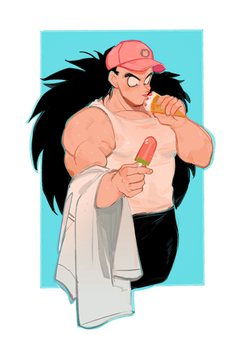 1boy absurdres alternate_costume bara baseball_cap black_hair camocat_(turlerad) cropped_legs dragon_ball dragon_ball_z food hat highres ice_cream large_pectorals long_hair male_focus muscular muscular_male pectorals raditz see-through shirt solo spiked_hair standing wet wet_clothes wet_shirt