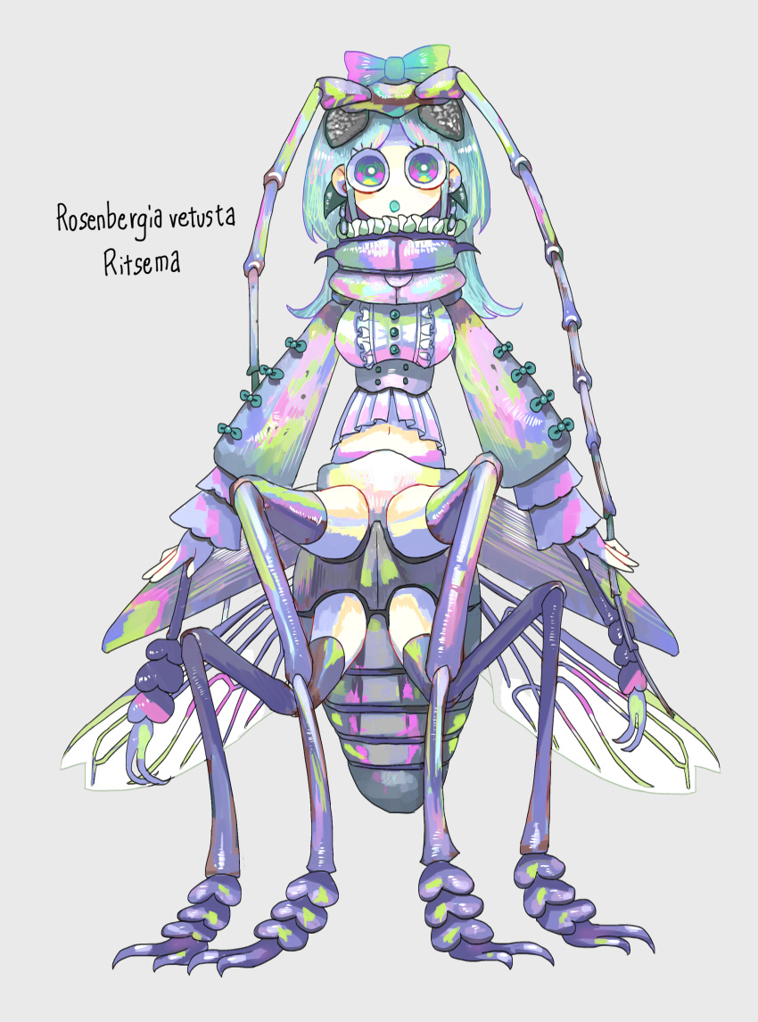 absurdres antennae arthropod_girl arthropod_limbs beetle_girl blue_hair bow female full_body grey_background hairbow high_collar highres insect_wings iridescent long_hair long_sleeves looking_at_viewer monster_girl nicoq_(koikoihaihai) original personification puffy_long_sleeves puffy_sleeves simple_background solo wings