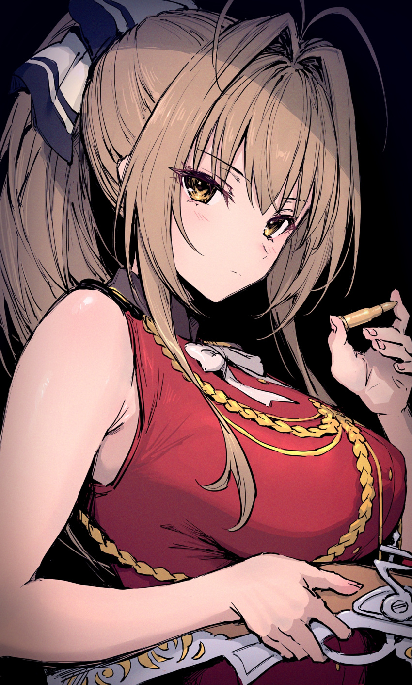 amagi_brilliant_park bare_shoulders black_background blush breasts bullet closed_mouth female from_side gun haoni highres holding holding_bullet holding_gun holding_weapon large_breasts light_brown_hair long_hair looking_to_the_side ponytail sento_isuzu sidelocks simple_background solo upper_body weapon yellow_eyes