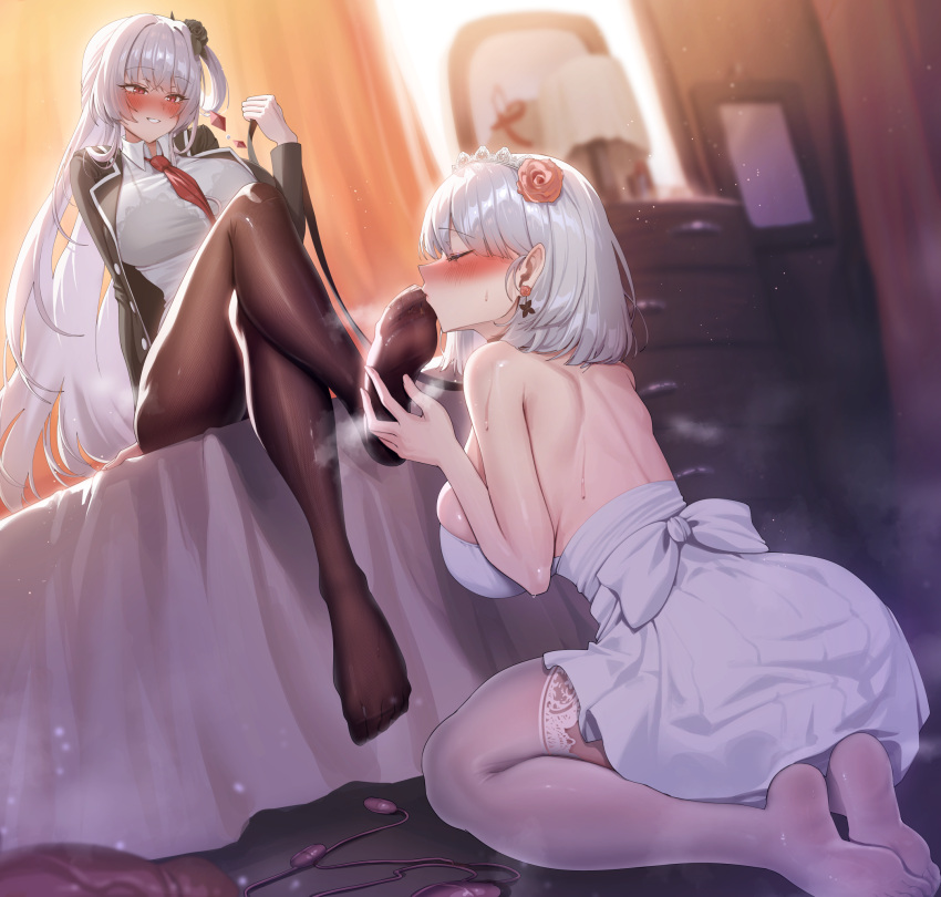 2girls bare_arms bare_shoulders blush breasts closed_eyes collared_shirt commentary_request feet hair_ornament highres holding holding_leash indoors kissing_foot lamp large_breasts leash long_hair long_sleeves looking_at_another multiple_girls necktie original paid_reward_available pantyhose parted_lips red_eyes red_necktie sex_toy shirt sitting smile soles thighhighs thighs vibrator white_hair white_shirt white_thighhighs yampa yuri