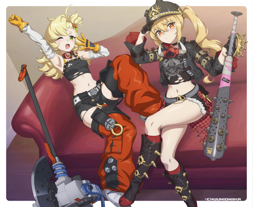 2girls absurdres adjusting_clothes adjusting_headwear arm_up armpits axe bare_shoulders baseball_bat belt black_footwear black_jacket black_shorts blonde_hair boots border breasts chuunioniika couch crossed_legs detached_pants detached_sleeves english_commentary english_text gloves green_eyes hair_between_eyes half_gloves high_heels highres holding holding_baseball_bat holding_weapon indoors jacket knee_boots long_hair long_sleeves looking_at_viewer lower_teeth_only luciana_de_montefio midriff multiple_girls navel on_couch one_eye_closed open_clothes open_jacket open_mouth orange_eyes outside_border piper_wheel raised_eyebrow red_socks shirt short_shorts shorts side_ponytail sigh sitting small_breasts socks stomach teeth torn_clothes torn_shirt unworn_eyewear weapon white_border wide_hips yellow_gloves zenless_zone_zero