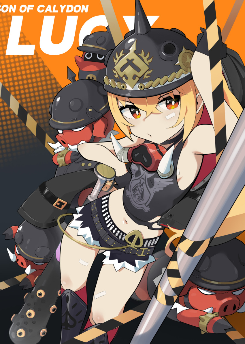 anshen armpits blonde_hair boar breasts character_name contrapposto crop_top dutch_angle female from_above helmet highres luciana_de_montefio midriff navel orange_hair pickelhaube short_shorts shorts side_ponytail small_breasts thighs zenless_zone_zero