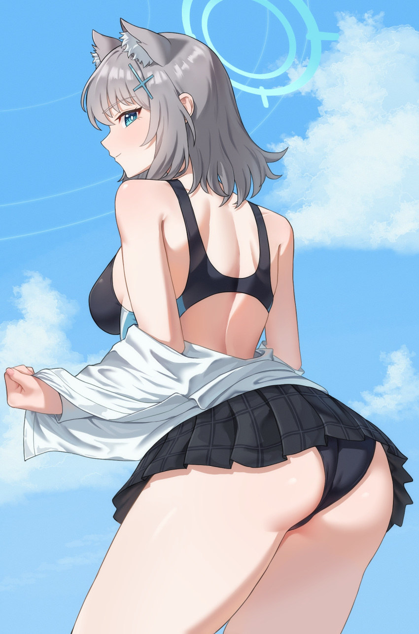 animal_ear_fluff animal_ears ass back bare_shoulders bikini black_one-piece_swimsuit black_skirt blue_archive blue_eyes blue_sky blush breasts closed_mouth cloud competition_swimsuit cowboy_shot cross cross_hair_ornament day extra_ears female from_behind grey_hair hair_ornament halo highres inverted_cross jacket kadokadokado long_sleeves looking_at_viewer looking_back medium_breasts medium_hair multicolored_clothes multicolored_swimsuit off_shoulder official_alternate_costume one-piece_swimsuit open_clothes outdoors pleated_skirt shiroko_(blue_archive) shiroko_(swimsuit)_(blue_archive) shirt skirt sky solo swimsuit thighs two-tone_swimsuit white_shirt wolf_ears