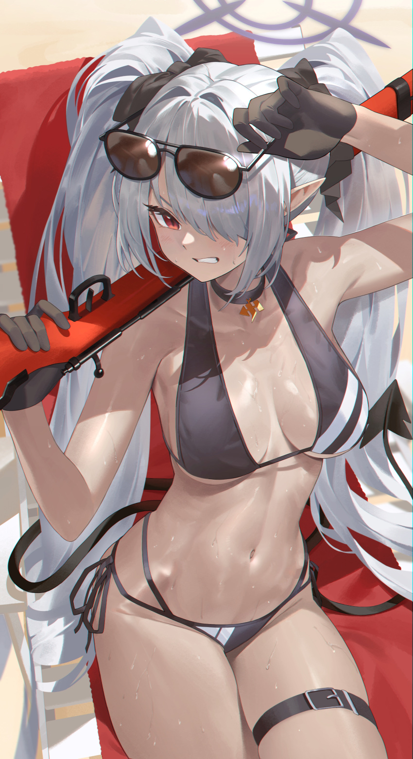 absurdres bare_shoulders bikini black_bikini black_choker black_gloves blue_archive blush bolt_action breasts choker dark-skinned_female dark_skin demon_tail eyewear_on_head female gloves grey_hair gun hair_over_one_eye halo highres holding holding_weapon iori_(blue_archive) iori_(swimsuit)_(blue_archive) long_hair looking_at_viewer mauser_98 multi-strapped_bikini_bottom navel official_alternate_costume pointy_ears ramuri recliner red_eyes rifle side-tie_bikini_bottom solo stomach string_bikini sunglasses swimsuit tail thigh_strap thighs twintails very_long_hair weapon